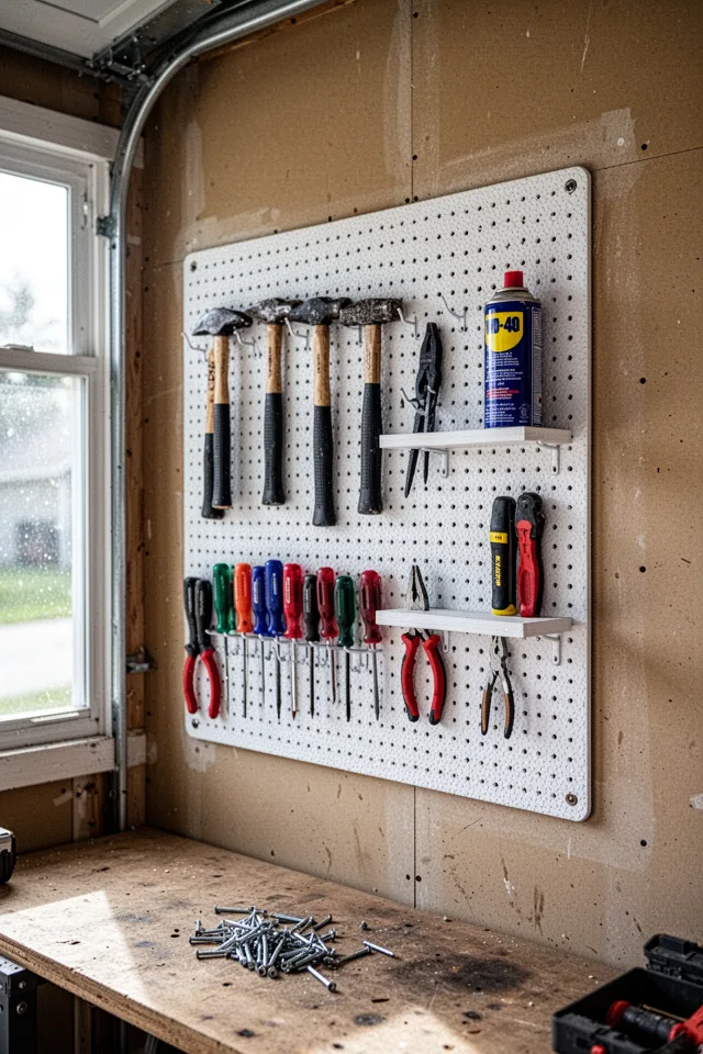 A wall-mounted white pegboard with various hooks holding tools: hammers, screwdrivers, pliers. A small shelf holds a can of WD-40. The wall is unpainted drywall, pegboard is slightly textured. Workbench visible below with scattered screws. Natural light from a garage window, slightly dusty.