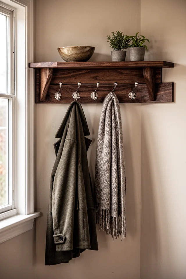 A wall-mounted wooden rail with four metal hooks and a narrow shelf above. A coat hangs on one hook, a scarf on another. The wood is stained dark walnut. Soft morning light from a side window. The shelf holds a bowl and a small plant. Clean, functional, lived-in look.