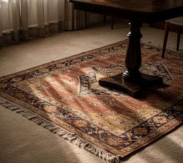 A warm, slightly dimmed dining room with a medium-toned beige wall-to-wall carpet. On top, a flatwoven Turkish kilim in