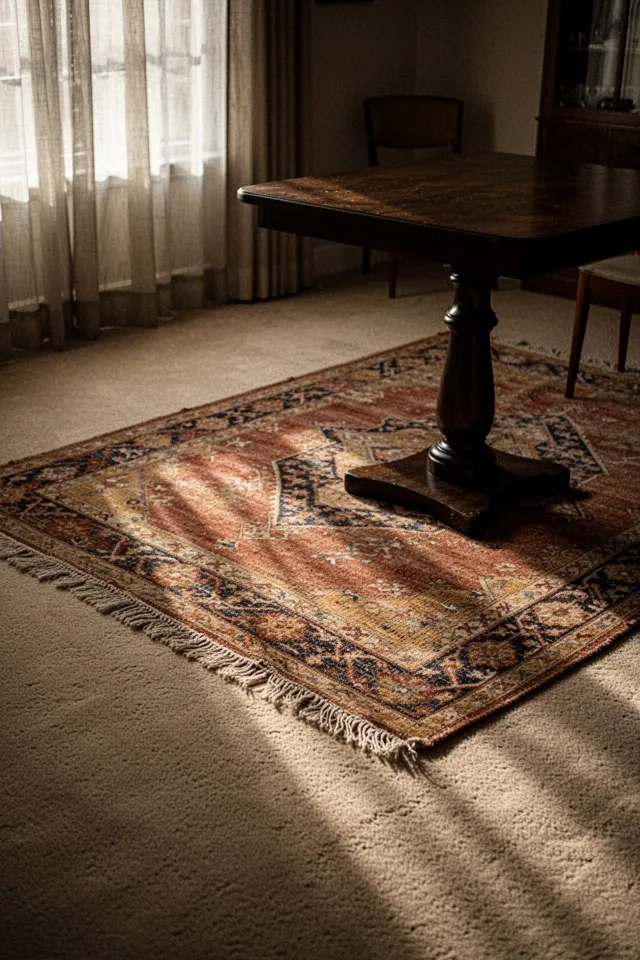 A warm, slightly dimmed dining room with a medium-toned beige wall-to-wall carpet. On top, a flatwoven Turkish kilim in