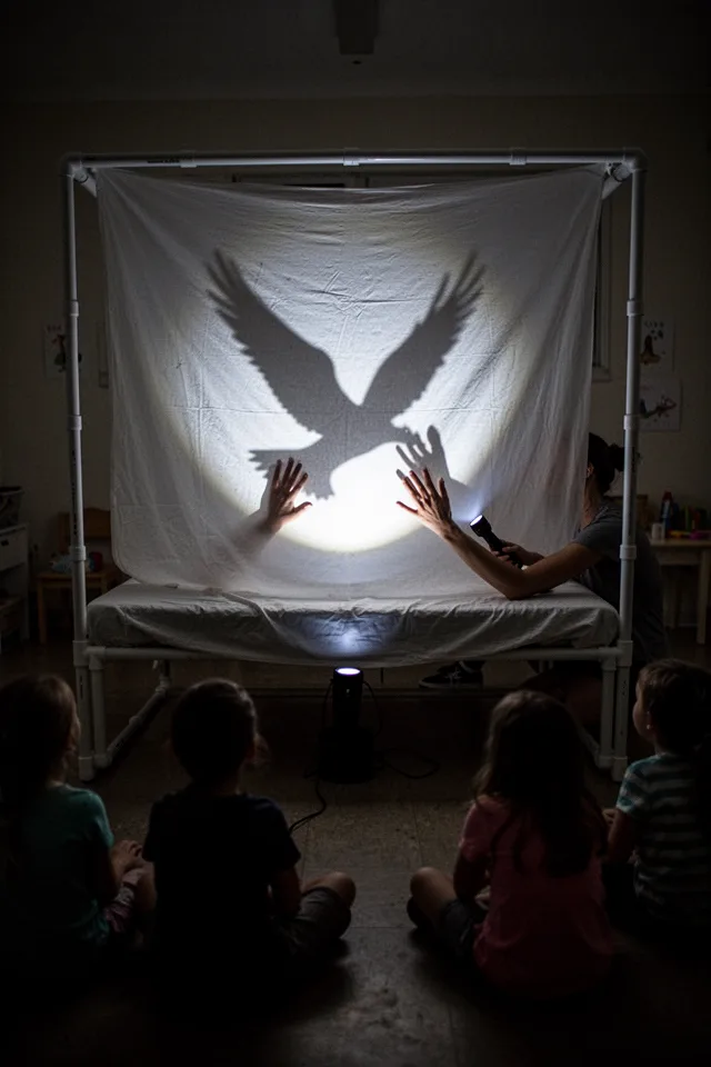A white bedsheet stretched across a PVC frame, with a flashlight shining from behind. A volunteer