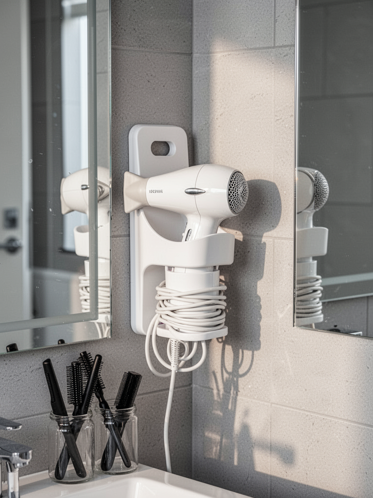 A white hair dryer holster mounted on a bathroom wall next to a mirror. The holder is plastic with a cutout for the dryer handle and a built-in caddy around the base for the cord. The cord is neatly wrapped around the caddy. The wall is light grey tile. A few styling tools stand in a nearby jar. Clean, modern, morning sunlight.