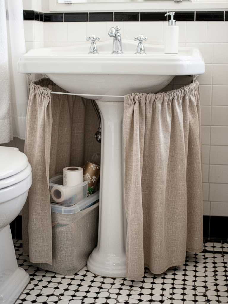 A white pedestal sink with a fabric skirt attached around the base, hiding the plumbing. The skirt is made of linen in a neutral beige, gathered at the top with elastic. Behind the skirt, visible but partly concealed: a small plastic bin and a roll of wrapping paper. The bathroom has a vintage feel, black and white tiles, soft light.