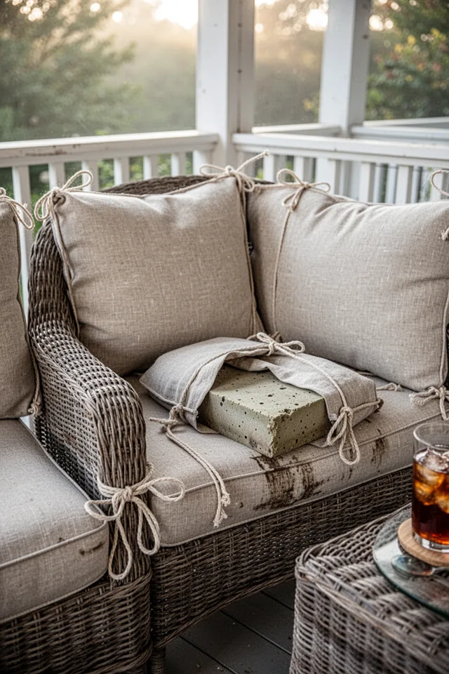 A wicker sofa on a covered porch, seat cushions wrapped in natural linen fabric tied at the corners with cotton rope. One cushion is partially unwrapped to show the old foam inside. Soft morning light, a glass of iced tea on a side table. Realistic wear on the wicker.