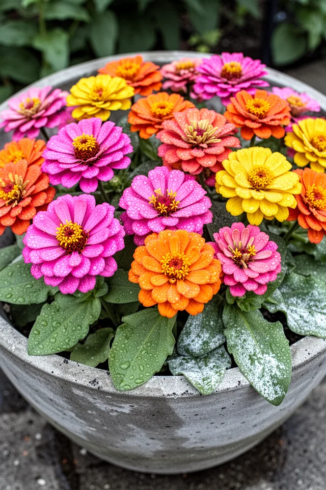 16 Container Gardening Flowers That Bloom All Season A wide shallow bowl of bright pink, orange, and yellow zinnias with petals that look like paper. The leaves are rough and ovate. Morning dew speckles the blooms. The pot is a weathered concrete color. Some lower leaves have a faint white powdery coating. The overall look is cheerful but not too precious.