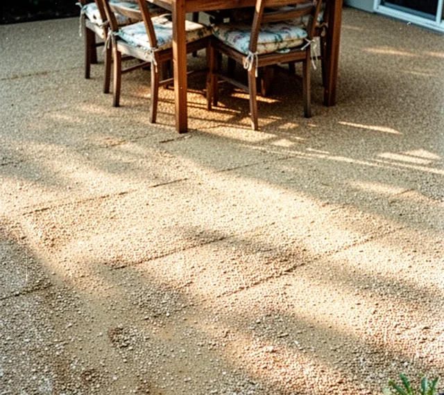 A wide, slightly uneven patio floor made of compacted decomposed granite in warm beige tones. A wooden dining table sits