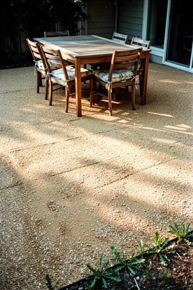 A wide, slightly uneven patio floor made of compacted decomposed granite in warm beige tones. A wooden dining table sits