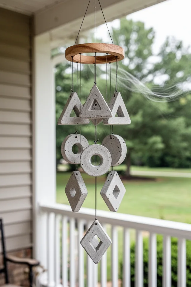 A wind chime made of small concrete shapes (triangles, circles, diamonds) hanging from a wooden ring on fishing line. The shapes are pale gray, about 2 inches across. They hang at different lengths. The chime hangs on a porch, soft breeze implied.