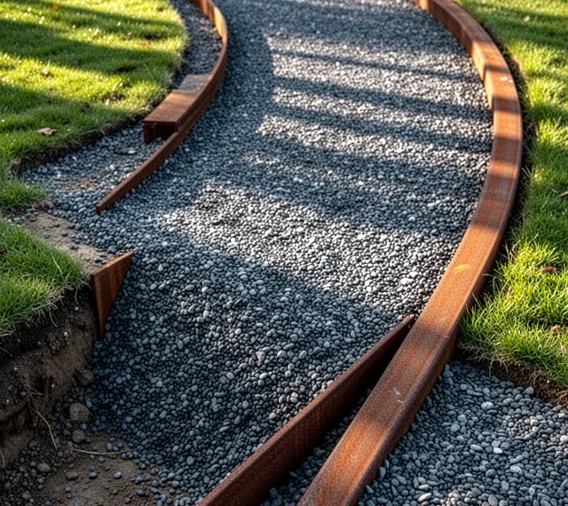 A winding path made of dark grey pea gravel, bordered by rusted steel edging strips. The gravel sits in two layers — coa