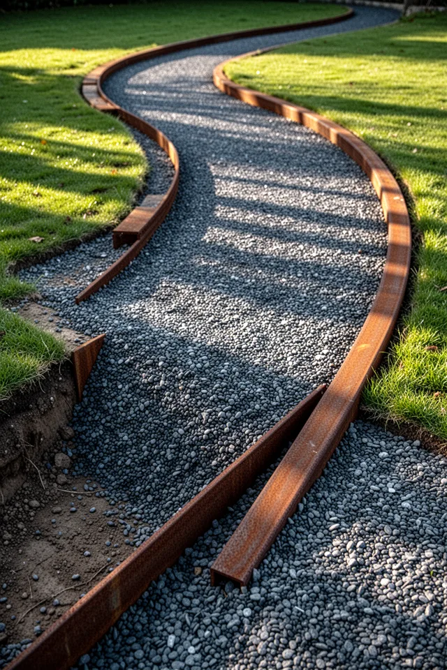 A winding path made of dark grey pea gravel, bordered by rusted steel edging strips. The gravel sits in two layers — coa