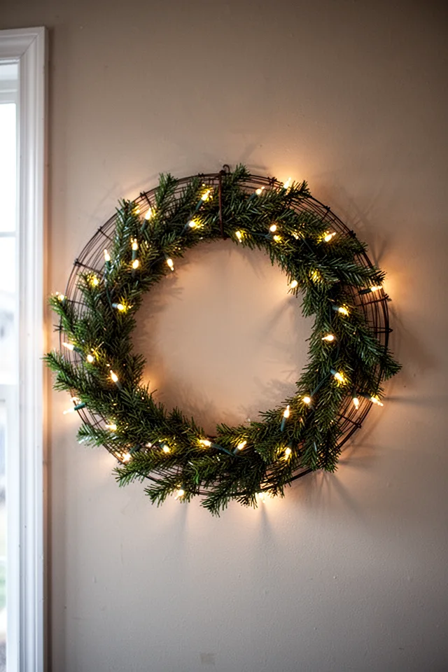 A wire wreath form wrapped in green garland, with a single strand of warm white Christmas lights woven through. The wreath hangs on a plain wall. The lights are on, casting a soft halo. Afternoon light from a window mixes with the artificial glow.