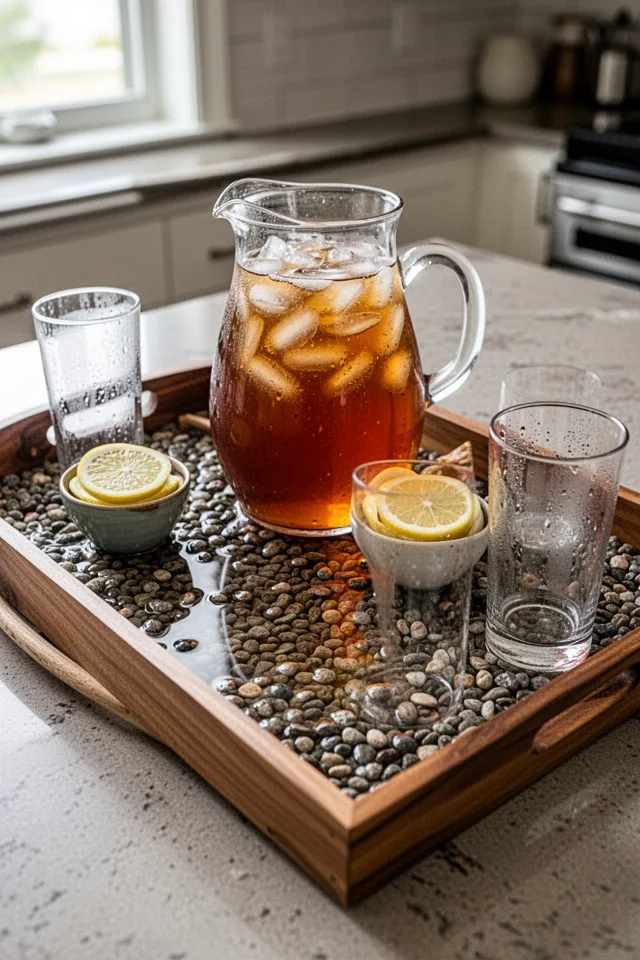 A wooden bar tray filled with small gravel, a glass pitcher of iced tea resting on top, lemon slices in a small bowl beside it. The tray has visible water pooling among the pebbles. Two drinking glasses with condensation rings. Natural kitchen light, slightly warm.