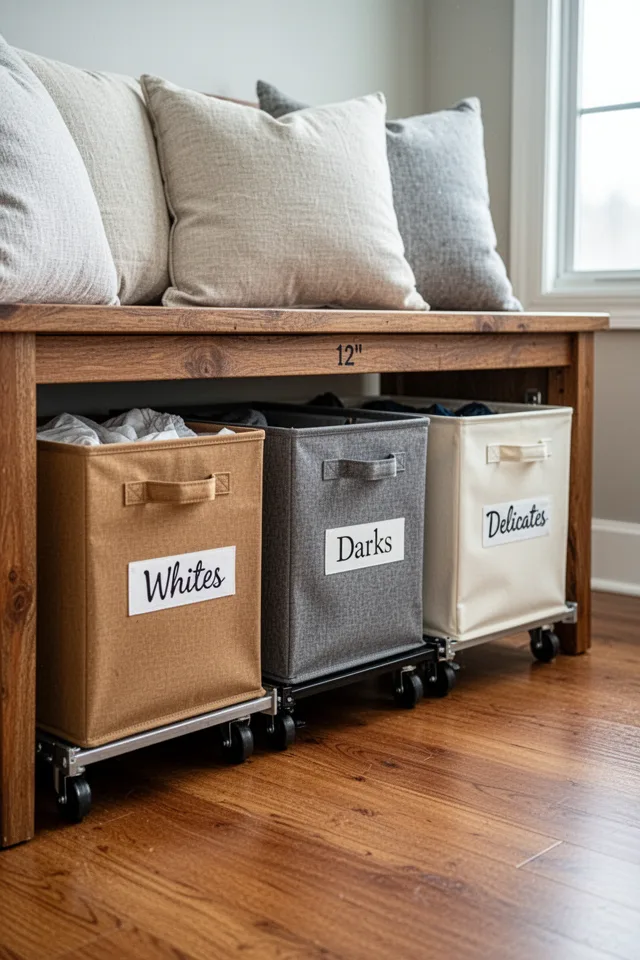 A wooden bench with a 12-inch gap underneath. Three fabric bins on casters slide under — one labeled "Whites," one "Darks," one "Delicates." The bins are in neutral tones (tan, gray, cream) and have handles. The bench has some pillows on it. The floor is a warm wood. The bins are partly pulled out, showing the labels. The scene looks tidy, not cluttered. The light is indirect, from a window to the right. Shot from a low angle, showing the bins