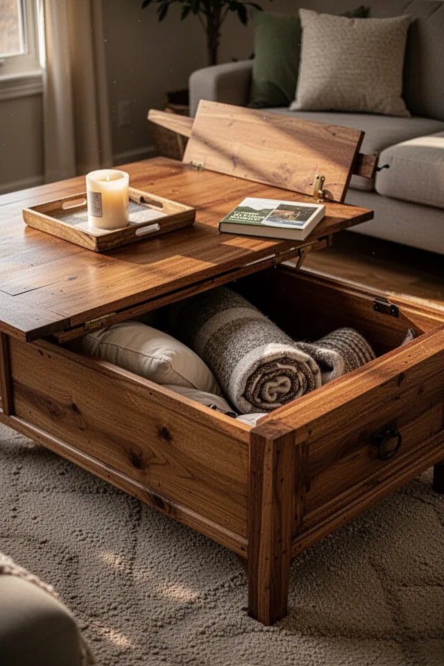 18 Cozy Patio Ideas To Enjoy This Summer A wooden coffee table with a hinged lid, open to reveal a storage compartment inside. On the top, a tray with a candle and a book. The lid is partly raised, showing an interior with a few cushions and a rolled blanket. Shot from the side, warm afternoon light. Slightly cluttered, honest.