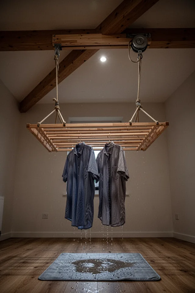 A wooden drying rack suspended from the ceiling on two ropes with pulleys. It is lowered halfway, and a couple of dripping shirts hang from it. The pulley mechanism is attached to a ceiling joist. The rack is made of beechwood slats. Below it, a small waterproof mat catches drips. The room has enough headroom (9-foot ceiling) that when the rack is raised, it clears the tallest person standing. The lighting is overhead and dim. Photographed from a low angle, looking up at the rack, showing the pulley system.
