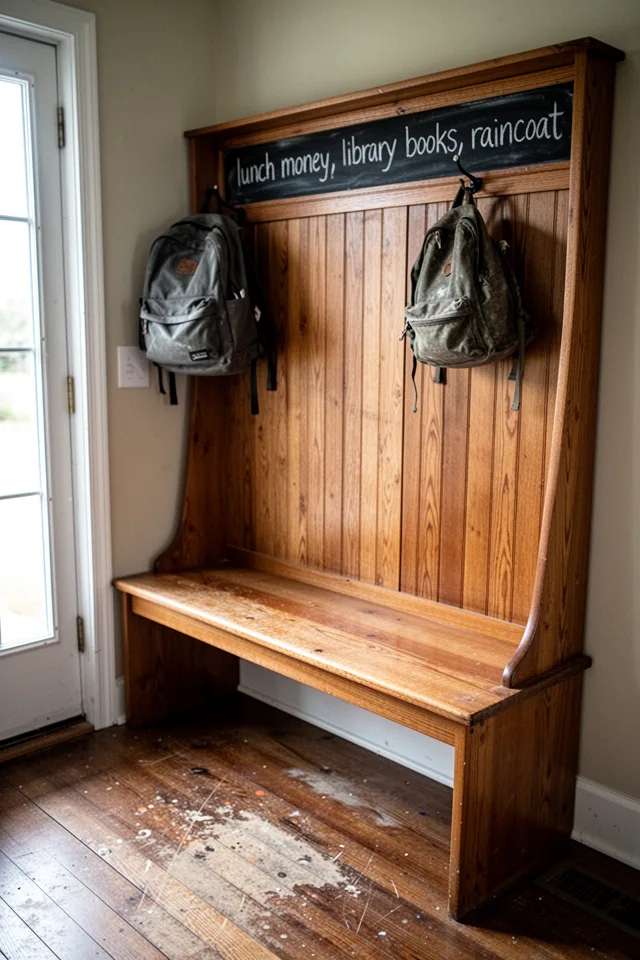 A wooden mudroom bench with a tall backrest, a long narrow chalkboard strip running horizontally along the top of the backrest at eye level. Written in chalk: "lunch money, library books, raincoat." A backpack hangs from a hook above. Scuffed floorboards below. Natural side light from a nearby door.