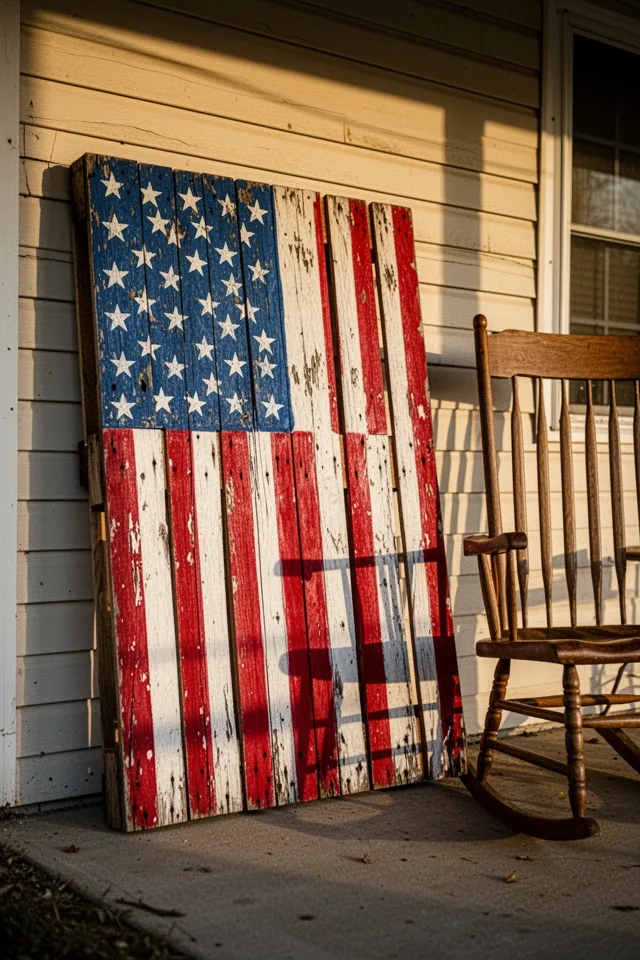 A wooden pallet standing upright against a porch wall, painted as an American flag with red and white stripes and a blue field with white stars. The pallet is weathered, the paint slightly chipped. A rocking chair sits next to it. Late afternoon sun, long shadows.
