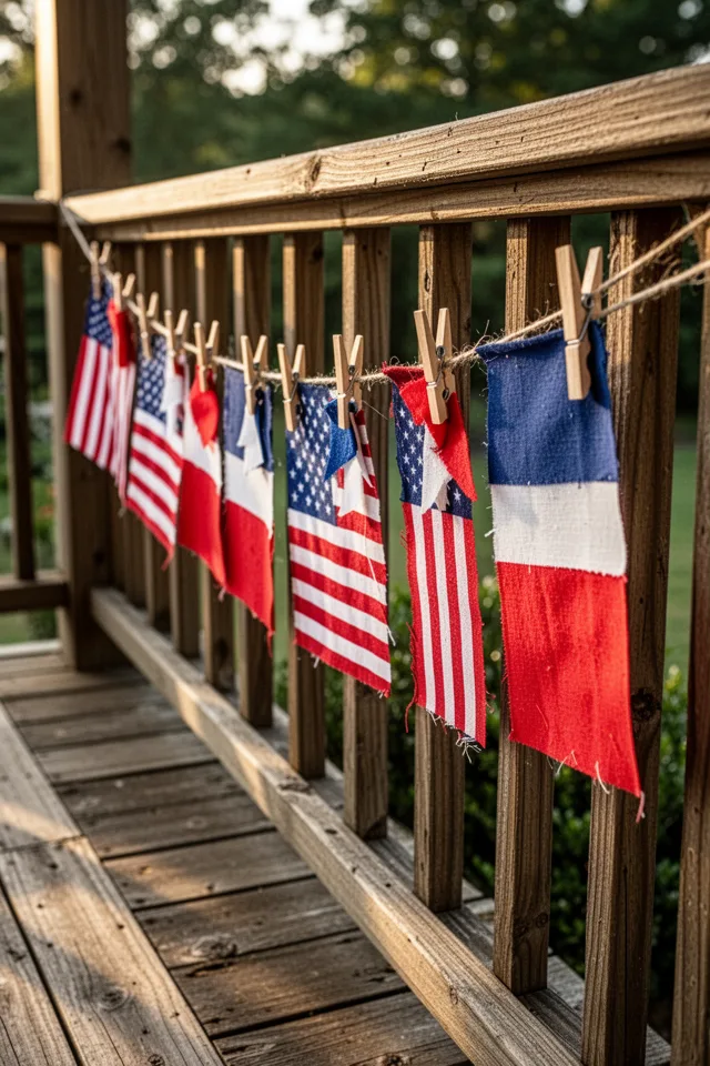 A wooden porch railing with a row of miniature American flags made from wooden clothespins and scrap fabric. Each flag is a clothespin with a small triangle of red, white, or blue fabric glued to the top. The clothespins are clipped to a string stretched between railings. Afternoon sun, rustic wooden porch floor.