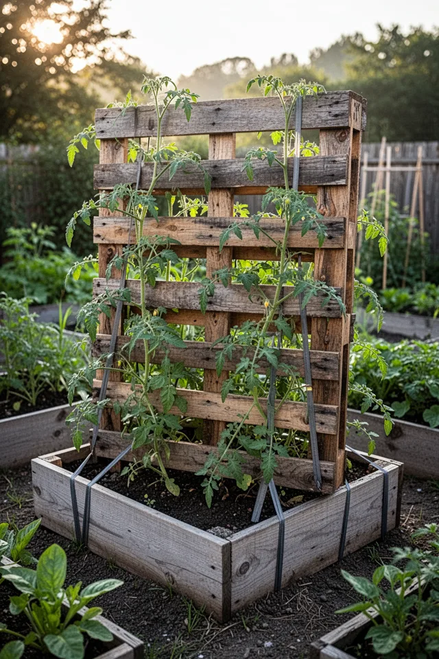 A wooden shipping palette stood upright and secured to a raised bed. Tomato vines are woven through the slats. The palette is weathered, the plants lush. Morning sun, compact garden corner.