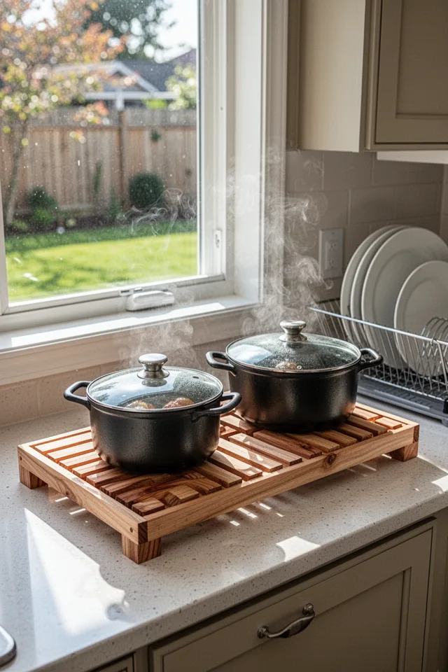 A wooden slatted rack sitting on a kitchen counter, holding two hot pots that have just come off the stove. The rack is made from unfinished cedar strips. Steam rises faintly. A window shows a sunny backyard. Realistic kitchen with a dish drying rack nearby.