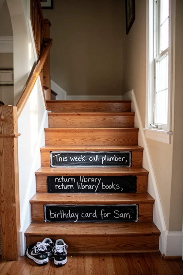 A wooden staircase in an entryway, the front of one stair riser painted with a narrow chalkboard rectangle. Handwritten: "This week: call plumber, return library books, birthday card for Sam." A pair of sneakers on the bottom step. Morning light from a sidelight window.