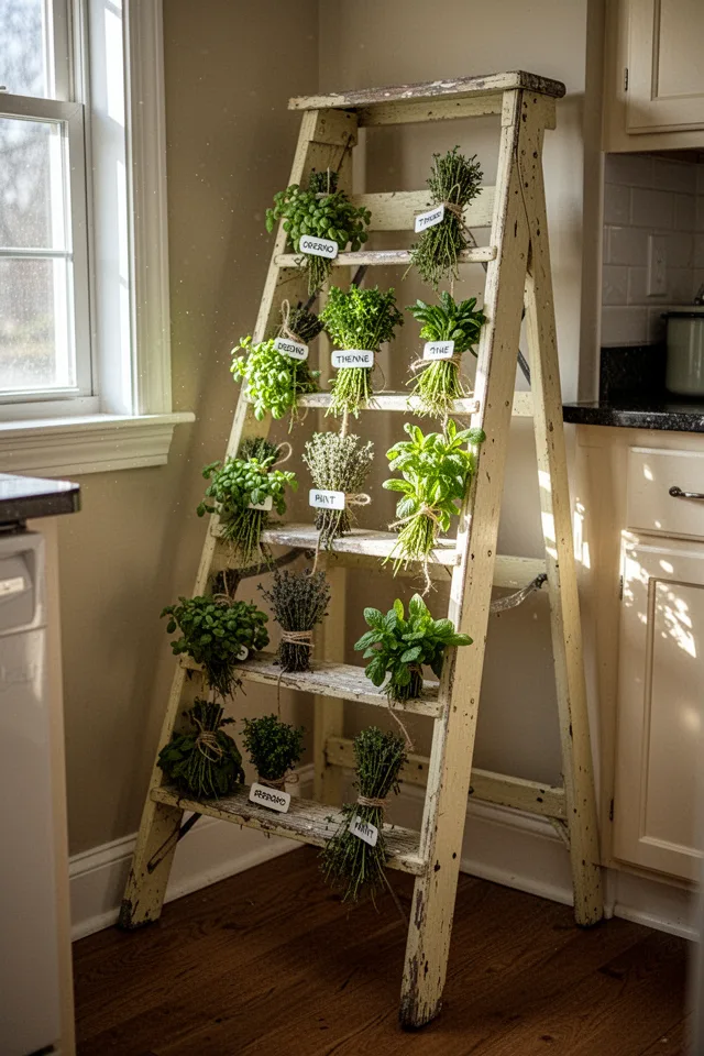 A wooden step ladder opened and placed in a corner of a kitchen, with bundles of fresh herbs tied to each rung with twine. Labels on the bundles say "oregano," "thyme," "mint." Morning light streams from a window, hitting the herbs. The ladder is slightly worn, painted pale cream.