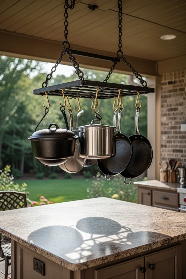 A wrought iron pot rack hangs from the ceiling of a covered patio directly over a kitchen island. It holds a cast iron Dutch oven, a stainless stockpot, and a few skillets, all suspended by S-hooks. The rack is roughly 3 feet by 2 feet. The pots cast shadows on the counter below. The chain that holds the rack is dark metal, and the S-hooks are brass.