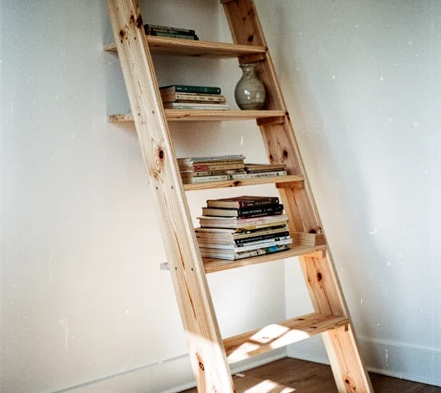 An angled wooden ladder bookshelf with five narrow shelves leaning against a white wall in a bright room. Morning light