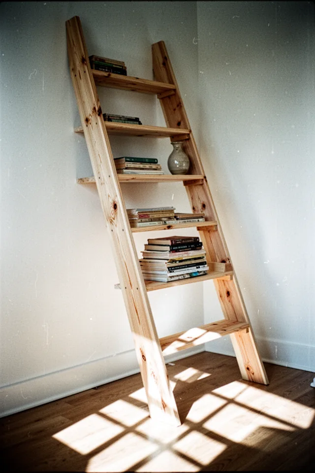 An angled wooden ladder bookshelf with five narrow shelves leaning against a white wall in a bright room. Morning light casts long diagonal shadows across the floor. The wood is raw pine with visible grain, slightly silvered. A stack of well-worn paperbacks and a single ceramic vase. Warm domestic feel, slightly messy. Shot from a low angle, showing the ladder