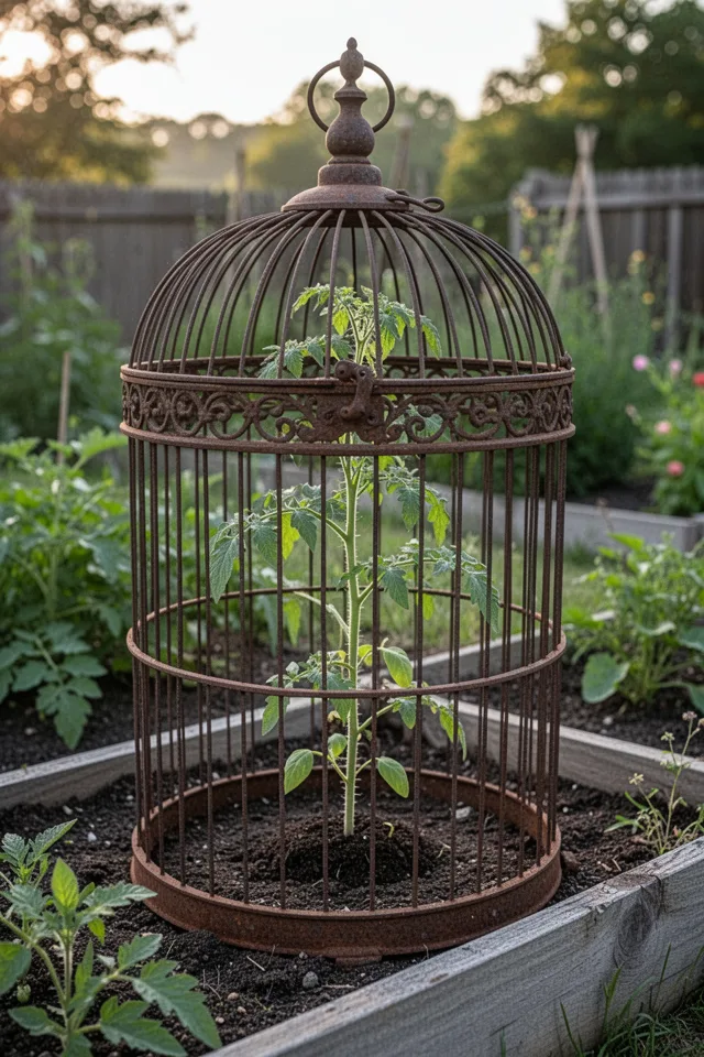 An antique wrought iron birdcage, 3 feet tall, placed over a tomato seedling in a raised bed. The cage has wide bars. The plant is growing up through the top opening. Quirky, whimsical garden setting, afternoon light.