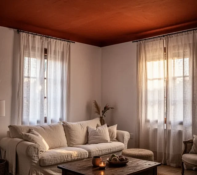 An image of a cozy living room with a deep terracotta ceiling, warm white walls, a cream linen sofa, and a dark wood cof