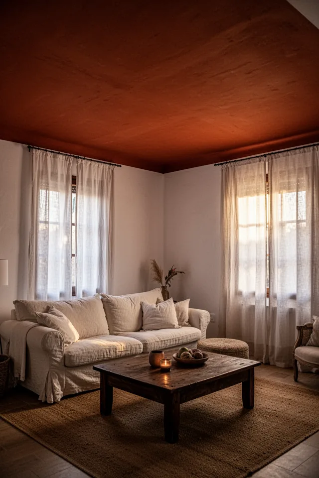 An image of a cozy living room with a deep terracotta ceiling, warm white walls, a cream linen sofa, and a dark wood cof