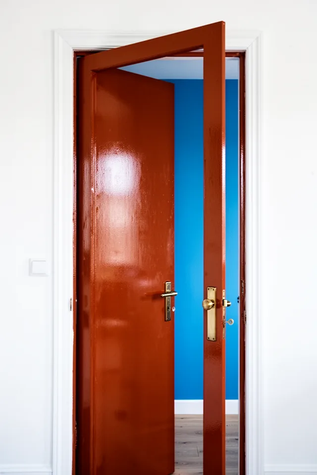 An interior door painted a glossy deep rust-orange, set in a white wall. The door is slightly ajar, revealing a bright blue interior wall of the adjacent room. The contrast is playful. The door hardware is brushed brass. The orange is warm, the blue is cool—they complement.
