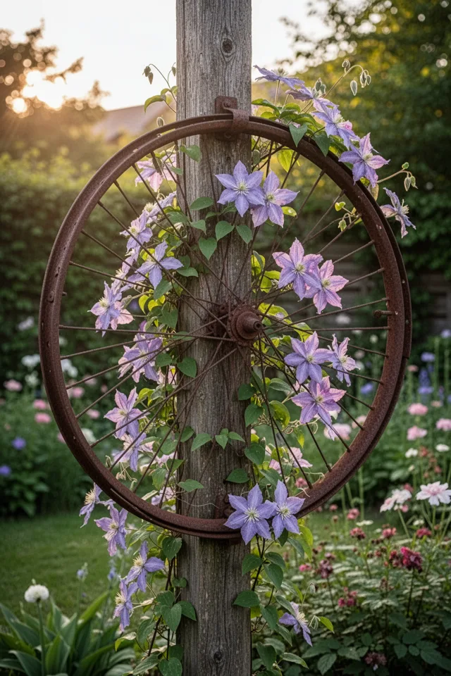 An old bicycle wheel mounted horizontally on a wooden post, with a clematis vine growing through the spokes. The wheel is rusted but sturdy, the vine in full bloom. Afternoon sun, romantic garden corner.