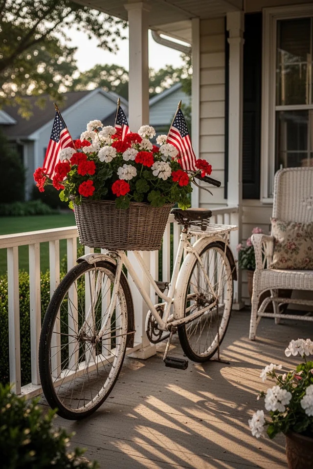 An old-fashioned bicycle parked on a porch, its front basket filled with red and white geraniums and small American flags on sticks. The bike is painted white. Late afternoon sun, long shadows, cozy suburban porch setting.