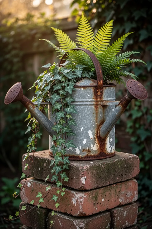 An old galvanised watering can with a rusty spout, used as a planter for trailing ivy and a small fern. The can sits on a stack of worn bricks. The paint is largely flaked off, revealing bare metal. The ivy cascades down the side, partly covering the rust. Late afternoon light filters through the leaves.