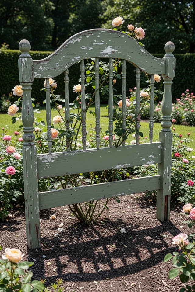 An old wooden headboard from a bed—tall, with turned spindles and a curved top—set upright in a garden bed. The headboard is painted a faded sage green, with chips showing the original white beneath. Climbing roses have wound through the spindles, and the headboard casts a lacy shadow on the ground.
