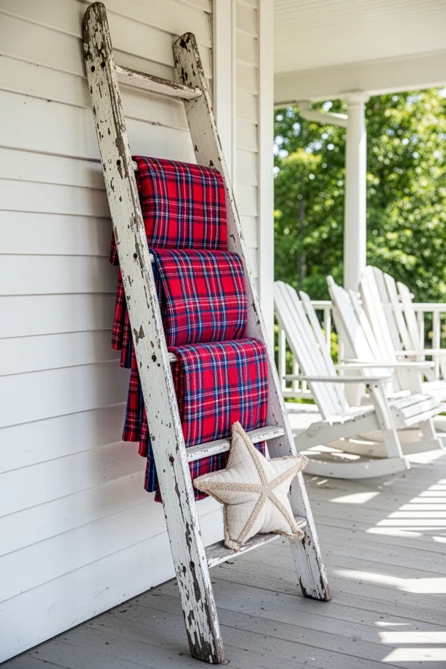 An old wooden ladder painted white, leaning against a porch wall. Red and blue plaid picnic blankets are folded over the rungs, arranged in a striped pattern. A single star-shaped throw pillow sits on the bottom rung. Sunny porch, Adirondack chairs nearby.