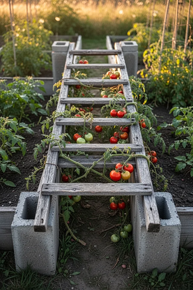 An old wooden ladder set horizontally across two raised beds, supported by concrete blocks at each corner. Tomato vines are woven through the rungs. The ladder is weathered gray, the tomatoes ripe. Late afternoon golden light.