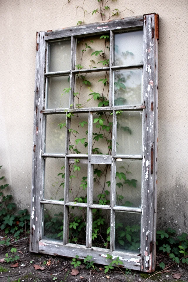 An old wooden window sash—the kind with multiple small panes—removed from its frame, the glass taken out, and the remaining lattice used as a climbing structure. The wood is weathered grey, and a few old paint flecks remain. It leans against a wall or is mounted vertically, with vines growing through the empty panes.