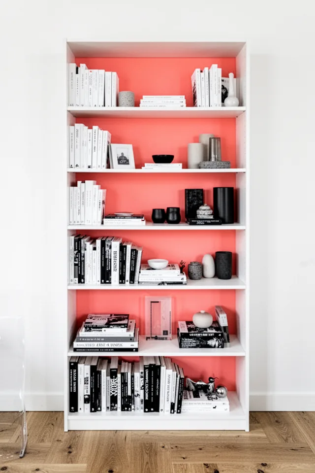 An open bookshelf (Billy-style) with the back panel painted a vivid coral. The shelves hold white, black, and neutral books and objects. The books in front are mostly monochrome so the coral shows through. The rest of the room is white and wood. The coral acts like a secret pop of color.
