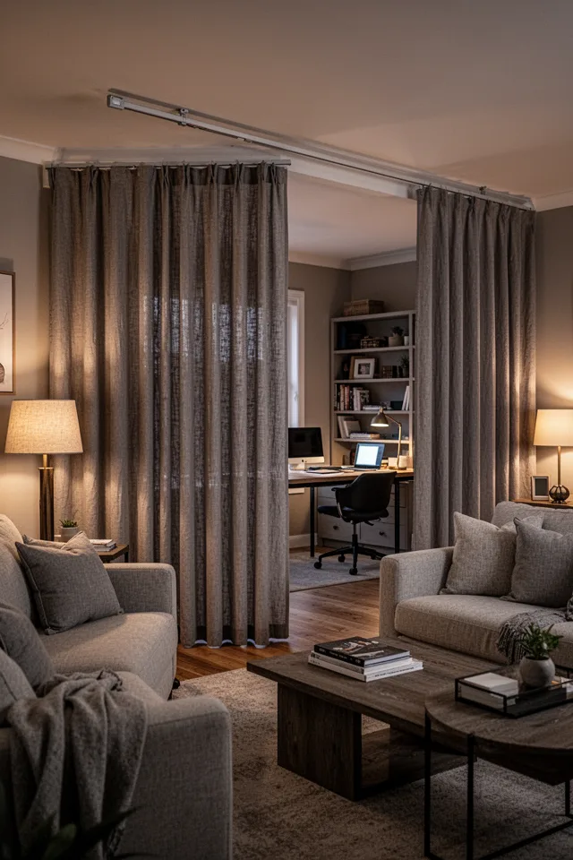 An open-concept living room where a ceiling-mounted curtain track runs across the middle of the room, dividing the living area from a home office. Heavy linen curtains in a warm gray are pulled halfway across, creating a soft separation. The curtains hang from ceiling to floor. Evening light, cozy atmosphere.