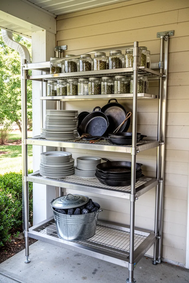 An open stainless steel shelf unit, like a restaurant rack, sits under a covered porch. It holds stacks of heavy plates, a few cast iron skillets, and a row of glass jars with dried herbs. The rack is bolted to the wall at the top. Light catches the brushed steel. On the bottom shelf, a bucket with a lid holds charcoal.