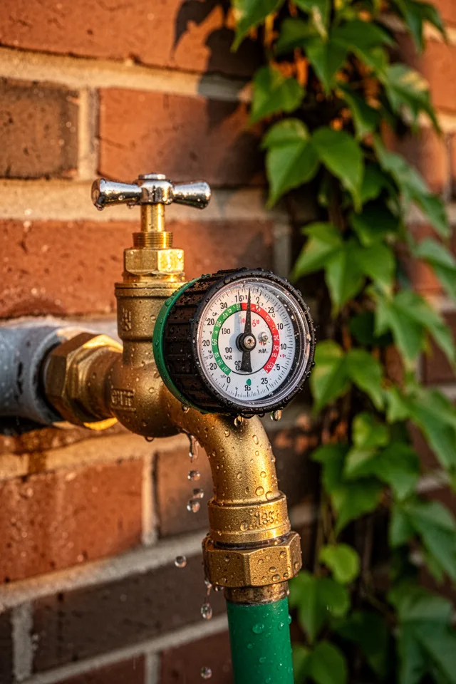 An outdoor spigot paired with a brass hose bib timer. The timer is set to a specific time, water droplets visible on the brass. The background is a brick wall with green ivy climbing. Late afternoon sunlight, warm golden tones. Sharp focus on the timer dial. No people.