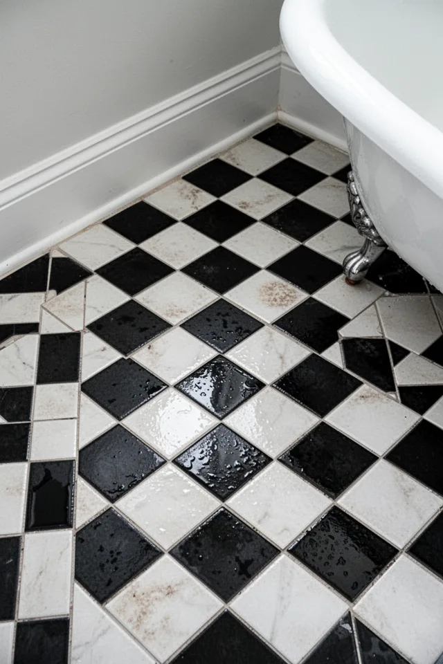 An overhead shot of a bathroom floor with black and white checkered ceramic tile in 2-inch squares. The tiles are slightly uneven — the grout lines are thin but not perfect. Some tiles have a subtle discoloration from age. The floor is wet from a recent shower, reflecting light. The baseboard is painted white, showing a gentle transition between tile and wall. A clawfoot tub foot is visible in the corner of the frame.