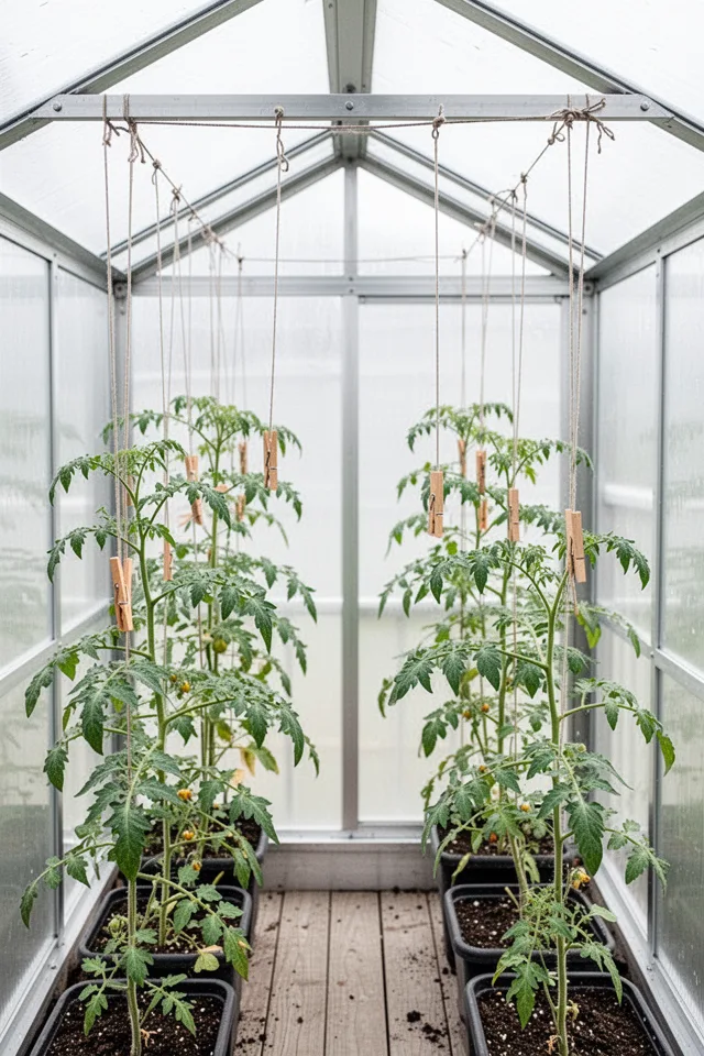 An overhead string support system in a small greenhouse or on a porch. Strings drop from an overhead frame, each attached to a tomato plant with a clothespin clipped to the stem. The plants hang vertically. Bright overcast light, clean setup.