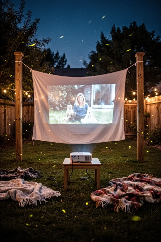 Backyard scene at dusk: a white sheet stretched between two wooden posts, a projector on a low table, and a few blankets on the grass. The screen is lit by the projector glow, casting an image. No people. Fireflies or string lights in background. Night photography, warm tones.