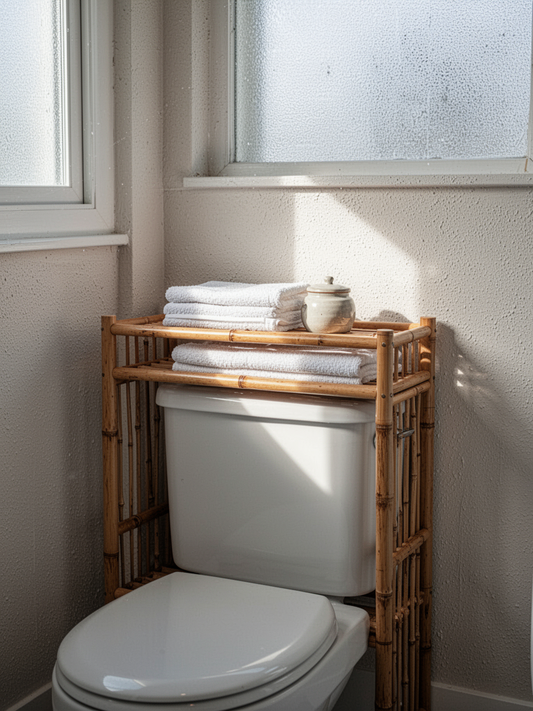Bathroom view over a white toilet, showing a bamboo shelf unit fitted exactly between the tank and the wall. The shelf has two tiers, holds folded towels and a small ceramic jar. The wall is textured, the bamboo has a warm natural grain. Sunlight through a frosted window casts a soft square of light on the towels. Clean, minimal, realistic interior photography.