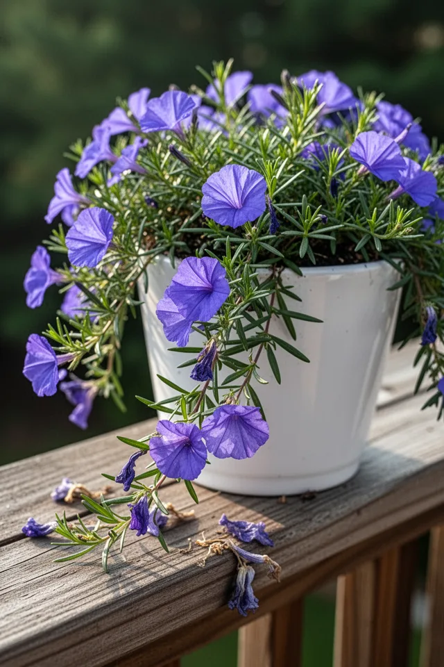 16 Container Gardening Flowers That Bloom All Season Blue-violet fan-shaped flowers on a trailing plant in a white ceramic pot on a wooden railing. The petals are arranged like a half-open fan. The leaves are narrow, medium green, slightly glossy. Morning light, soft shadows. A few dried flowers have fallen onto the wood surface.