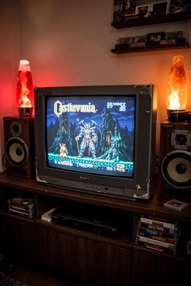 15 Rec Room Ideas You Will Never Want To Leave Close shot of a 27-inch Sony Trinitron CRT television on a low, dark wood console. The screen glows with pixelated retro game graphics (Castlevania). A pair of vintage stereo speakers sit on either side. The room is dim, with warm accent light from a lava lamp. A stack of cartridges is visible on a shelf. The console has visible wear on the corners but the screen is clean.